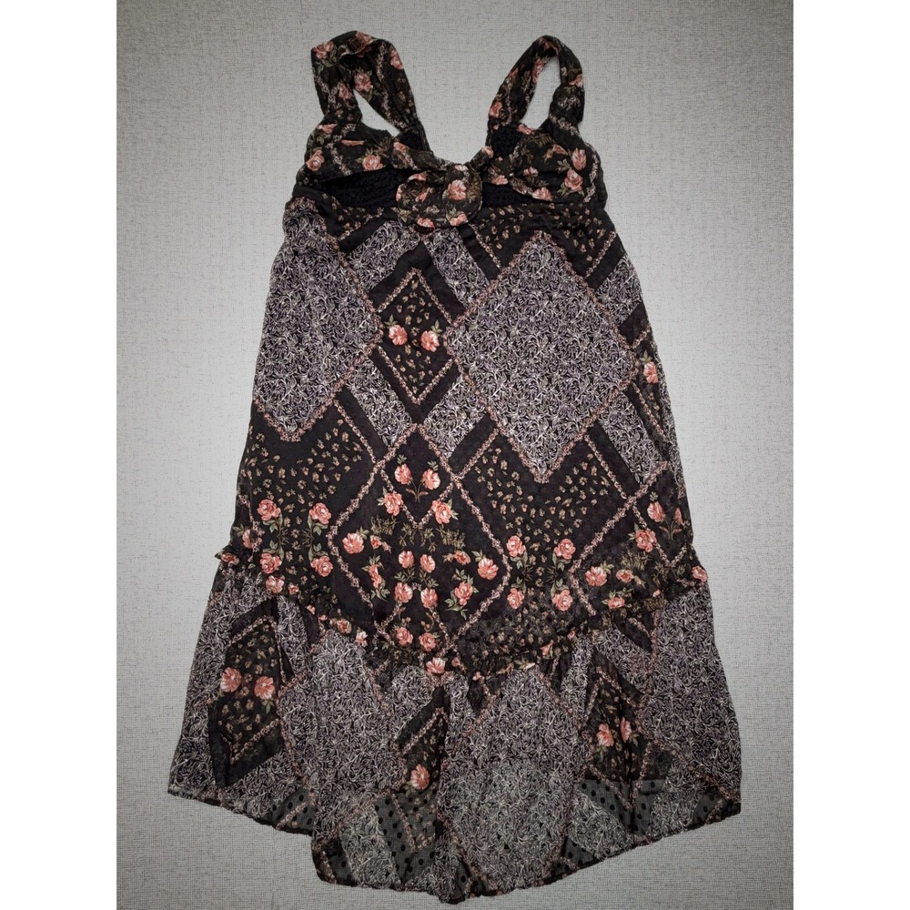 Angie Floral Patchwork High-Low Dress Black Pink Smocked V-Neck Bow Back Large - Picture 2 of 5